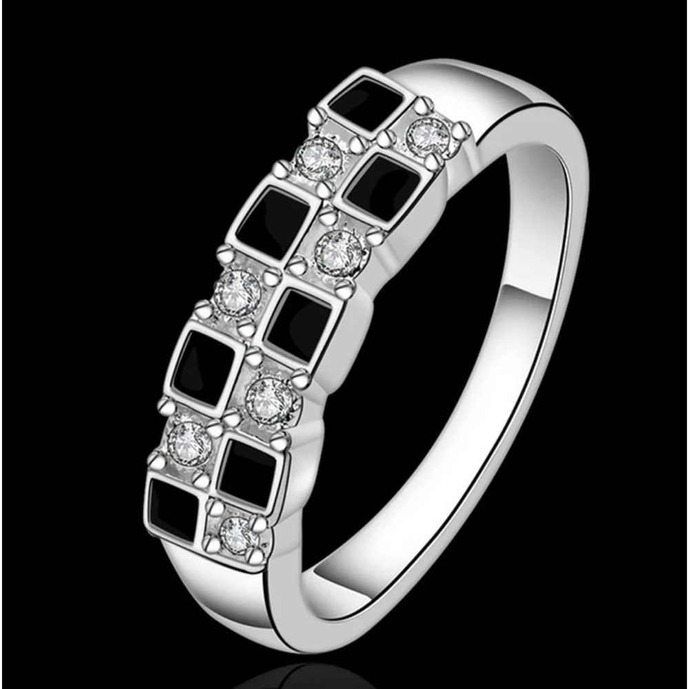 3 For $35 Sterling Silver Plated Black Enamel & White Diamond Checkered Ring - Picture 3 of 4